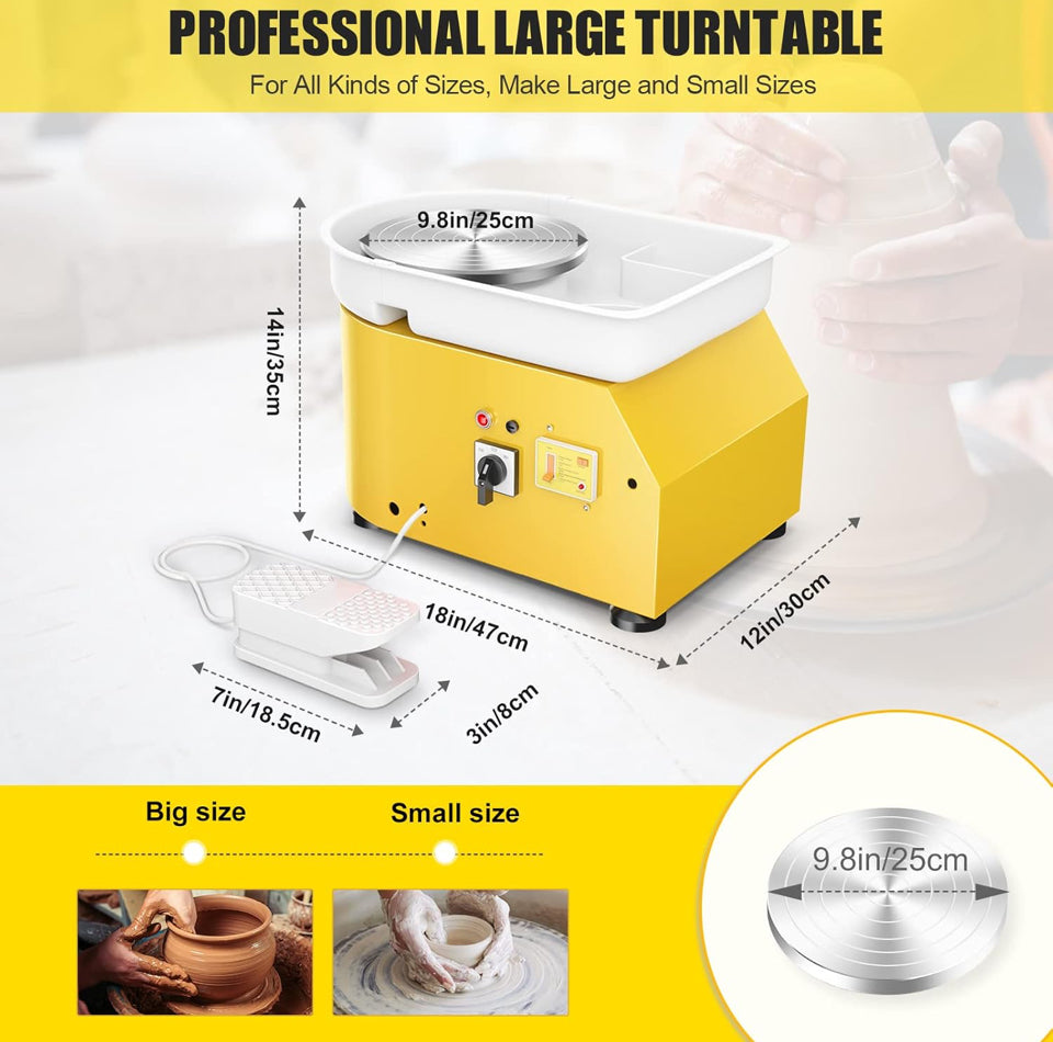 Compact Pottery Wheel 350W – 25cm Turntable with Foot Pedal | Yellow - Design Junction