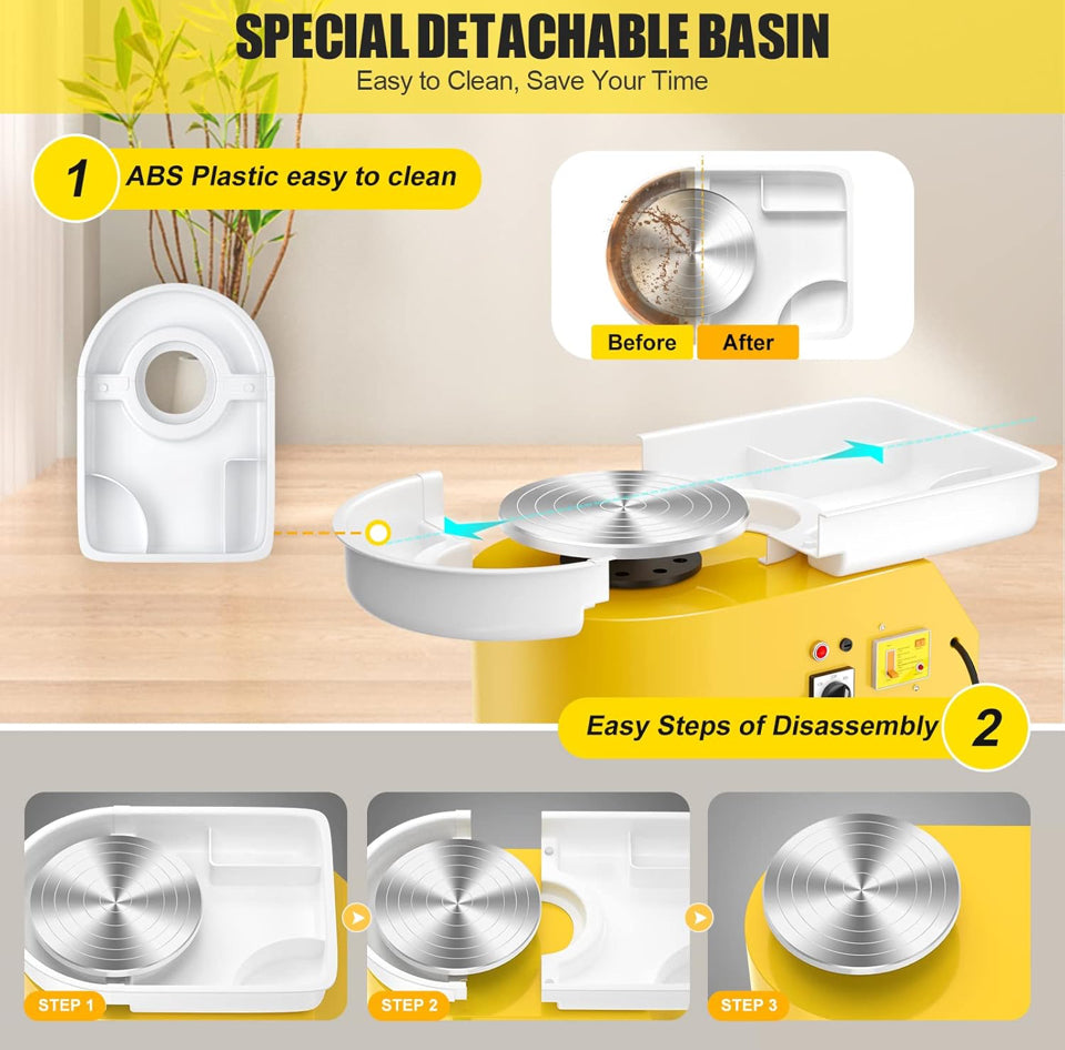 Compact Pottery Wheel 350W – 25cm Turntable with Foot Pedal | Yellow - Design Junction