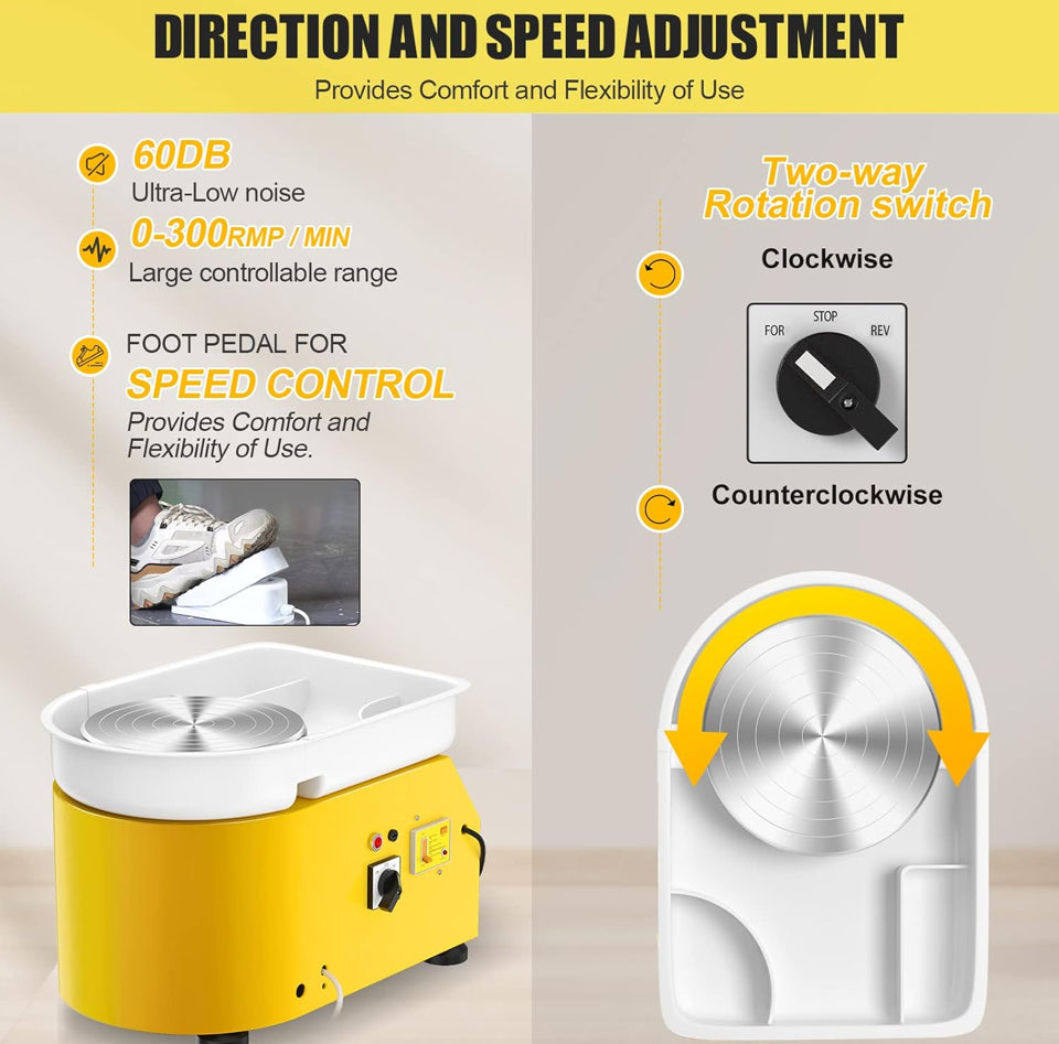 Compact Pottery Wheel 350W – 25cm Turntable with Foot Pedal | Yellow - Design Junction